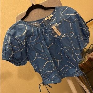 Madewell Blue and White Puff Sleeve Crop Blouse